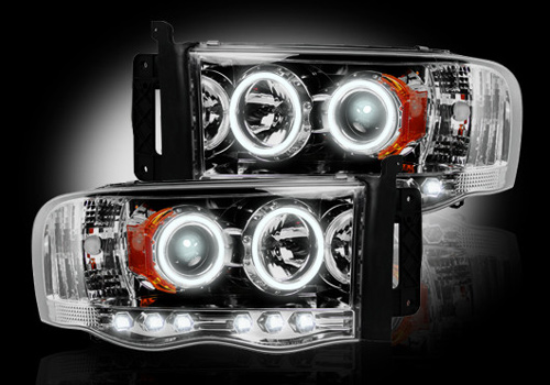 Recon Chrome Headlights with LED Halo & Daytime 02-05 Dodge Ram - Click Image to Close